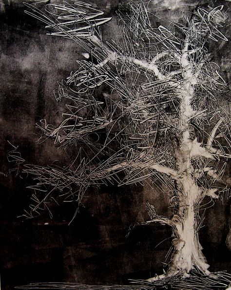 Monotype print by April Jordan.  "Old Tree." Monotype Printing, Dark Field, Monotype Prints, Monoprint Art, Mono Printing, Art Ho, Collage Art Projects, White Drawing, Old Tree