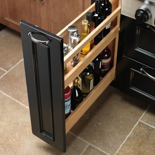 Base Liter Pull-Out - The roll-out bottle drawer is the perfect place for all your favorite oils, cooking wines, or other tall bottles up to... Bottle Pull Out Drawer, Kitchen Bottle Pull Out, Pull Out Oil Cabinet, Tall Kitchen Drawer, Bar Remodel, Installing Kitchen Cabinets, Under Cabinet Storage, Traditional Kitchen Cabinets, Luxury Kitchen Cabinets