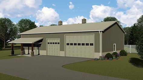 Garage Plan 51873 - 3 Car Garage Country Style Pole Building Garage, 3 Car Garage Plans, Garage With Living Quarters, Metal Shop Building, Metal Building Designs, Garage Addition, Porch Plans, Car Barn, Pole Buildings