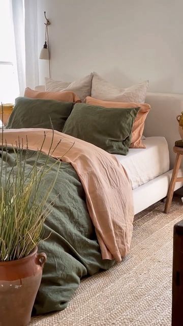 Bed Threads.® on Instagram: "Olive Stripe, Terracotta, & Oatmeal. ✨ At home with @chelseamacc. #linenbedding #interiordesign #bedroommakeover" Olive Green Boho Bedding, Sage Green And Rust Bedding, Terracotta Linen Bedding, Earth Tone Comforter Set, Bedding Ideas Earthy, Sage And Terracotta Bedding, Olive Duvet Bedroom, Terracotta Oatmeal Bedroom, Safe And Terracotta Bedroom