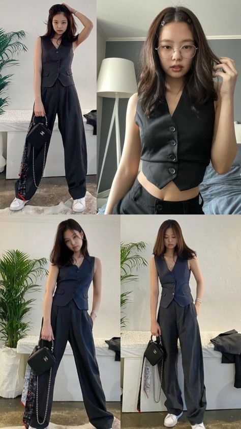 Office Suit For Women, Blue Wide Leg Trousers, Pakaian Crop Top, Office Suit, Tracksuit Outfit, Suit For Women, Everyday Fashion Outfits, Casual Day Outfits, Mode Kpop