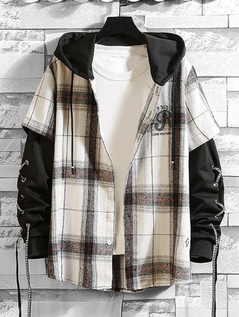 Letter Plaid Pattern Long-sleeved Hooded Jacket  BLACK WHITE , #SPONSORED, #Pattern, #Long, #Letter, #Plaid, #sleeved #Ad Tomboy Style Outfits, Summer Outfits Men, Tomboy Fashion, Character Outfits, Mode Inspiration, Jacket Coat, Cute Casual Outfits, Plaid Pattern, Uniqlo