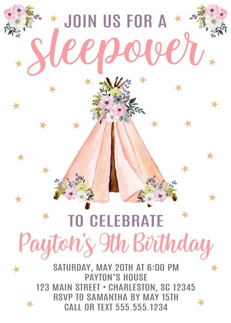 Sleepover Invite, Slumber Party Invite, Glamping Invitation, Birthday Party Sleepover, Birthday Slumber Party, Sleepover Birthday Party, Slumber Party Invitations, Glamping Birthday, Party Sleepover