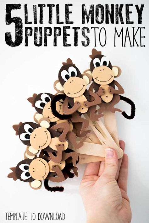 Get creative and make these 5 little monkey puppets to use when singing the popular children's rhyme Five Little Monkeys Jumping on the Bed. Template to create these easy craft foam puppets included to download. Monkey Craft Preschool, Monkey Craft, Monkeys Jumping On The Bed, 5 Little Monkeys, Monkey Puppet, Jumping On The Bed, Monkey Party, Monkey Crafts, Five Little Monkeys