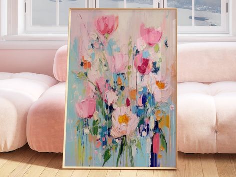 Colorful floral abstract digital print, soft pastel acrylic painting, teen girl room dorm decor, preppy modern wall art, apartment decor Art Apartment, Floral Digital Print, Apartment Wall Art, Bday Wishes, Art Preppy, Traditional Wall Decor, Teen Girl Room, Preppy Pink, Pink Painting