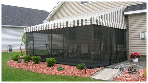 Screens for Patio Awnings | Kohler Awning Patio Closure Ideas, Backyard Awning, Screen Curtains, Screened In Porch Diy, Yard Oasis, Deck Awnings, Pergola Outdoor Living, Porch Diy, Patio Awnings