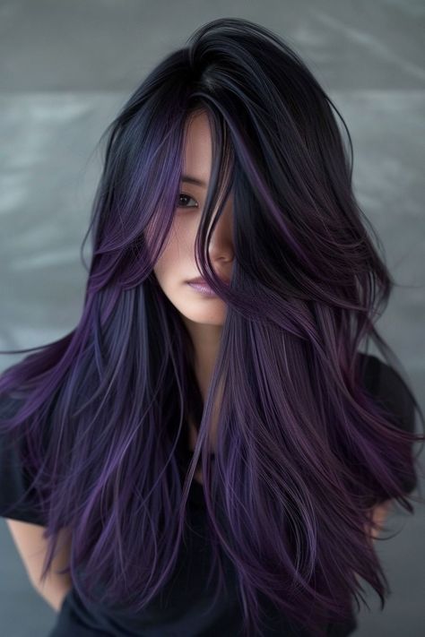 Long Black Hair With Purple Streaks, Best Hair Color For Straight Hair, Hair Color Ideas For Long Straight Hair, Bottom Half Purple Hair, Hair Dye Colors For Tan Skin, Purple Highlights Dark Hair, Purple Hair Dye Ideas For Brunettes, Purple Streaks In Black Hair, Dark Purple Black Hair