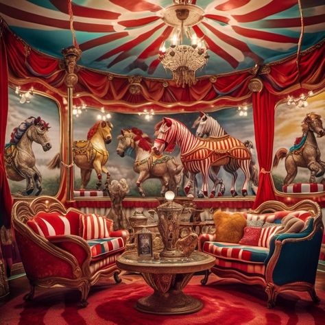 Circus living room Circus House, Circus Room, Circus Tents, Circus Aesthetic, Retro Disney, Circus Tent, Industrial Bar, Circus Theme, Scenic Design