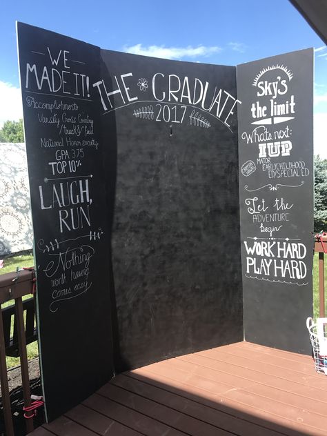 Graduation Photo booth Graduation Day Photo Booth, Photo Booth Graduation, Graduation Photo Booth, Graduation Party Centerpieces, Black Chalkboard, Graduation Photo, Graduation Day, Graduation Photos, Party Centerpieces