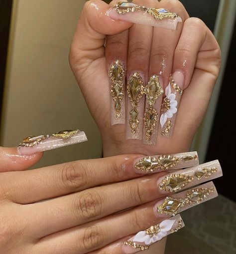 Bling Gel X Nails, Aquarius Nails Acrylic, Gold Bling Acrylic Nails, Xv Nails, Nails Art Simple, Nail Art 2022, Design Nails Art, Nail Art Aesthetic, Nail Art Trendy