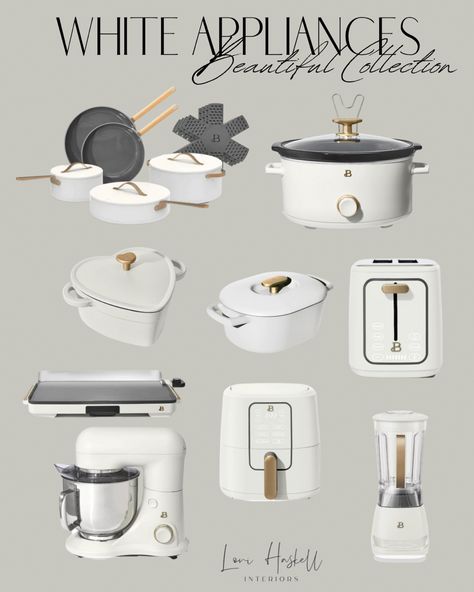 White Small Appliances In Kitchen, Taupe Kitchen Accessories, White Gold Kitchen Appliances, Modern Farmhouse Kitchen Appliances, Luxury Kitchen Items, Kitchen Items Aesthetic, Matching Kitchen Appliances, Cream Kitchen Appliances, Kitchen White Appliances