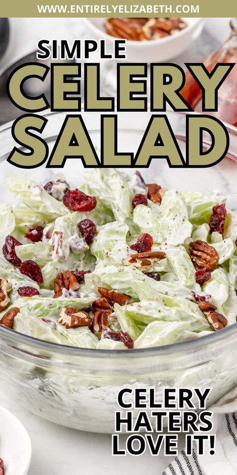 Celery haters LOVE this salad! A creamy dressing coats crunchy celery, sweet cranberries and toasted pecans in this simple salad. It's perfect for using up celery and making ahead. Using Up Celery, Celery Cucumber Salad, Salads With Celery, Summer Salads Recipes Healthy, Things To Do With Celery, Things To Make With Celery, Celery Salad Recipes Healthy, Celery Apple Salad, Vegetable Salads For Parties