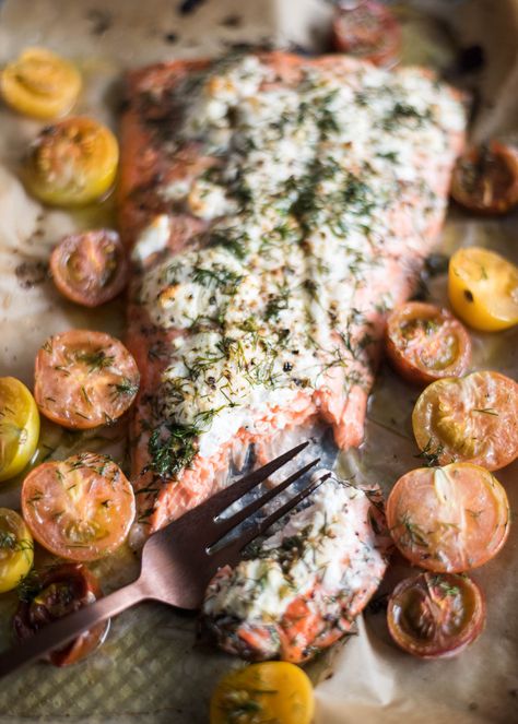 Creamy Baked Salmon, Lemon Dill Salmon, Dill Salmon, Orange Sweet Potatoes, Goat Cheese Recipes, Lemon Dill, Crusted Salmon, Baked Salmon Recipes, Quick Weeknight Dinners