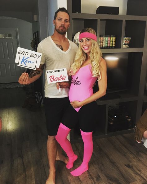 Barbie And Ken Halloween, Ken Halloween Costume, Halloween Costumes Pregnant Women, Pregnant Couple Halloween Costumes, Barbie Themed Outfits, Ken Costume, Barbie And Ken Costume, Diy Adult Halloween Costumes, Pregnant Barbie