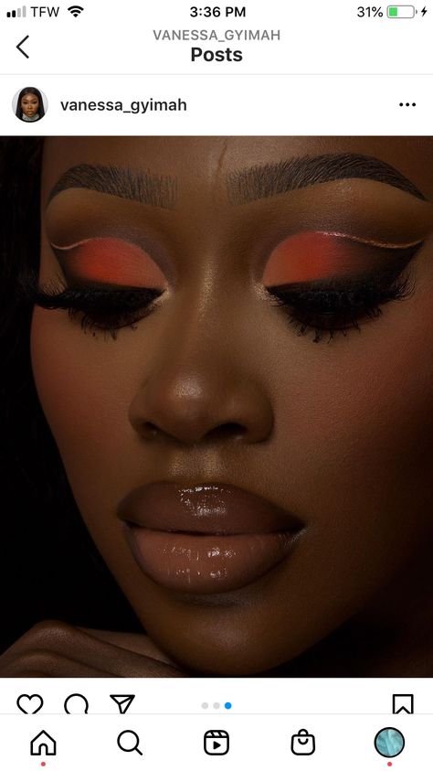 Red Gold Eye Makeup, Orange Blush Makeup, Pumpkin Spice Makeup, Red Eyeshadow Looks, Dark Orange Eyeshadow Looks, Orange Smokey Eye Makeup Black Women, Black And Orange Eyeshadow, Red Eyeshadow Dark Skin, Orange Bronze Eyeshadow