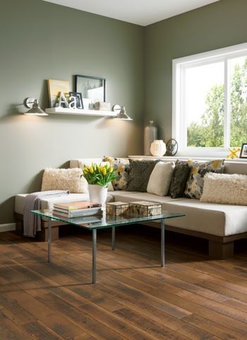 http://www.armstrong.com/flooring/how-to-install-laminate-flooring.html. I like the green walls and the casual, clean decor. Brown Laminate Flooring, Brown Laminate, Best Laminate, Armstrong Flooring, Laminate Floors, Flooring Store, Living Interior, Radiant Orchid, Green Walls