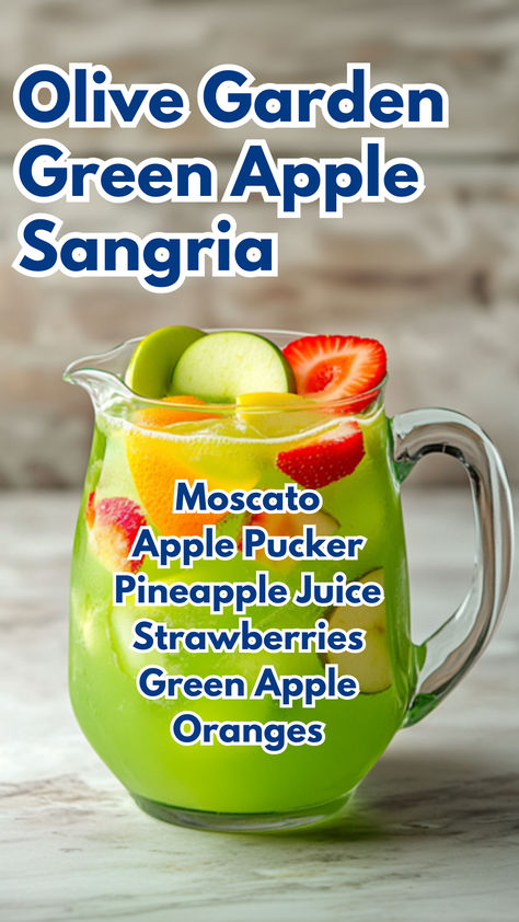 Olive Garden Green Apple Sangria Olive Garden Green Apple Sangria, Elf Themed Drinks, Olive Garden Apple Sangria Recipe, Green Apple Sangria Olive Garden, Olive Garden Green Apple Moscato Sangria, Green Apple Margarita, Green Mixed Drinks, Grinch Sangria, Olive Garden Sangria