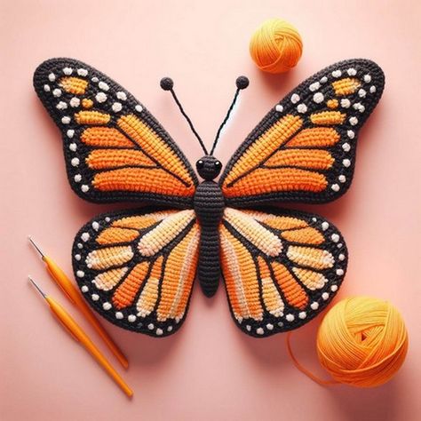 Crochet Monarch Butterfly, Butterfly Amigurumi, Orange And Black Butterfly, Crochet Butterfly Free Pattern, Crochet Coasters Free Pattern, Spring Decorations, Crochet Butterfly, Black Butterfly, Butterfly Shape