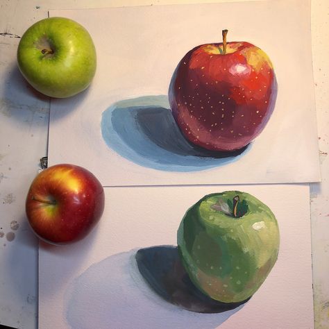 Apple Painting, Painting Gouache, Gouache Painting, Still Life Painting, Green Apple, Painting Inspiration, Apples, Subjects, Still Life