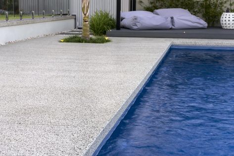 Ideas For Pool Area, Exposed Aggregate Pool, Pool Area Landscaping, Around The Pool Landscaping, Pool Decking Concrete, Honed Concrete, Pool Surrounds, Pool Paving, Exposed Aggregate Concrete