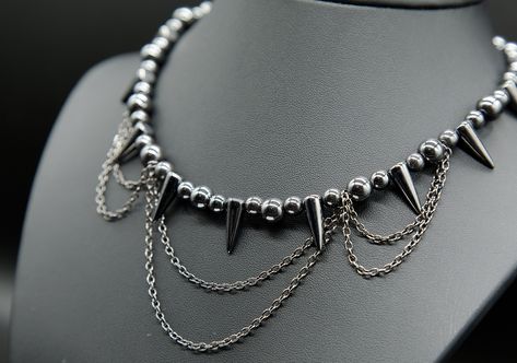 Chain Maille Necklace, Spike Necklace, Bold Necklace, Fairy Necklace, Beaded Jewellery, Handmade Beaded Jewelry, Choker Style, Hematite Beads, Unique Necklace