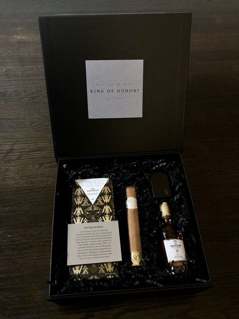 Groomsmen gift box proposal #groomsmen #groomsmenproposal #groomsmengiftbox Sponsor Gifts, Groomsmen Boxes, Groomsman Proposal Box, Groomsmen Party, Groomsmen Proposal Gifts, Groomsmen Gift Box, Ring Of Honor, Groomsmen Proposal, Proposal Box