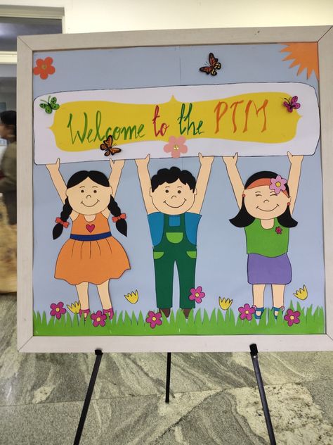 PTM Welcome To Ptm Board Ideas, Welcome To Ptm Board Decoration, Board Decoration Ideas Creative, Ptm Board Decoration Ideas School, Ptm Board Decoration, 100th Day Of School Crafts, Diy Crafts For School, Independence Day Drawing, Diy Summer Decor