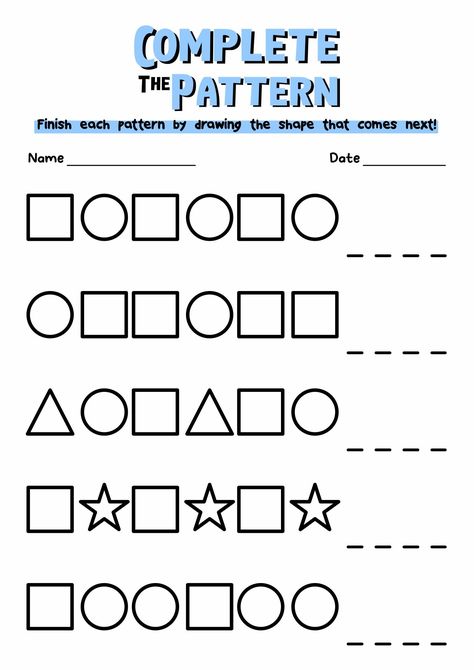 Shapes Worksheets for Preschoolers

Help your preschooler learn their shapes with these fun and engaging worksheets! Shapes are an important part of early childhood development, and these worksheets will help your child build a strong foundation in Maths Patterns Worksheets, Patterns Kindergarten Worksheets, Patterns Worksheets For Kindergarten, Pre Kg Worksheets, Shape Pattern Worksheet, Shapes Activities Preschool Worksheets, Patterns Worksheets For Preschool, Maths Worksheets For Kindergarten, Complete The Pattern Worksheet