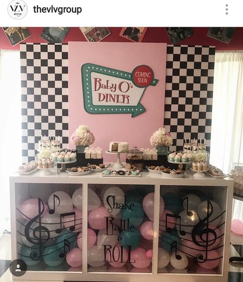 50s theme Baby Shower Dessert Table and Decor. 50s Theme Dessert Table, Baby Shower Timeline, 1950s Decorations, Grease Theme, 50s Theme, 50s Theme Parties, Bolo Vintage, Retro Baby Showers, Diner Party