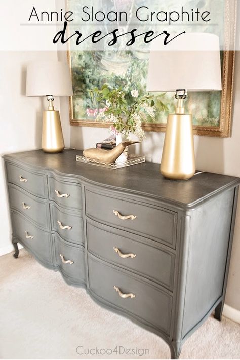 French Provincial Annie Sloan Graphite Dresser - Cuckoo4Design Repainted Furniture, Annie Sloan Graphite, French Provincial Dresser, Dyi Projects, Furniture Rehab, Painted Dresser, Table Makeover, Room Color, House Things