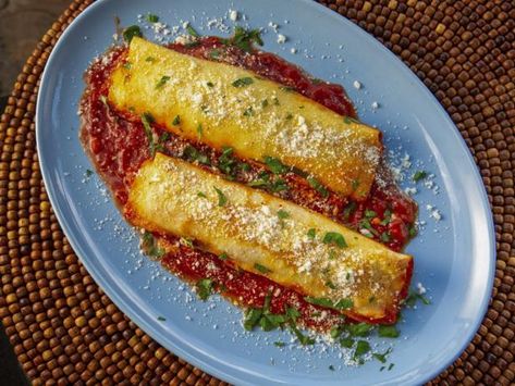 Get The Lightest and Fluffiest Manicotti on Earth Recipe from Food Network Aaron May, Stuffed Calamari, Chicken Roulade, Ranch Kitchen, Savory Crepes, Healthy Grilling, Plum Tomatoes, Crushed Tomatoes, Ravioli