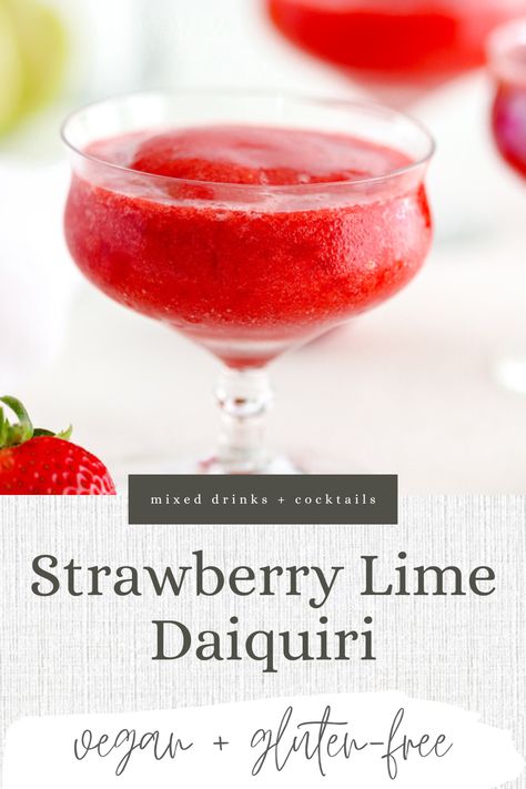 Strawberry Lime Daiquiri is a sweet and tart, slushy drink that is ready to go in minutes! Frozen cherries add the right amount of kick. And a mocktail version is included, as are tips and tricks to make this drink your very own! #strawberrydaiquiri #strawberrydaiquirirecipes #daiquirirecipes | spiritedandthensome.com Lime Daiquiri, Slushy Drinks, Strawberry Lime, Strawberry Daiquiri, Strawberry Syrup, Frozen Cherries, Pure Honey, Raw Sugar, Pretty Drinks