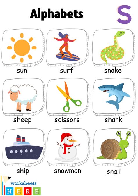 Alphabet S Words with Pictures, Letter S Vocabulary with Pictures - WorksheetsHere.com Phonics Learning, Words List, Picture Table, S Words, Alphabet Pictures, American School, Abc Book, Picture Letters, Book Letters