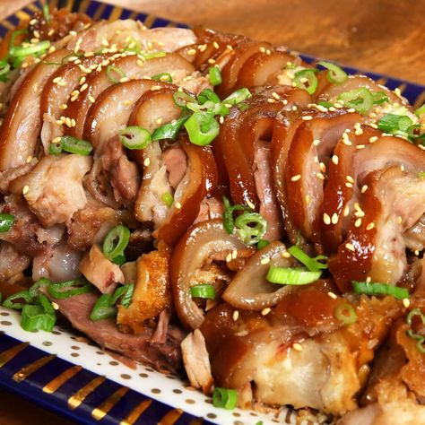 Korean side dish recipes by Maangchi Braised Pig Trotter, Korean Meat Dishes, Pig Trotters Recipes, Jokbal Korean Food, Jokbal Recipe, Pork Trotters Recipe, Pork Feet Recipe, Korean Side Dish Recipes, Trotters Recipe