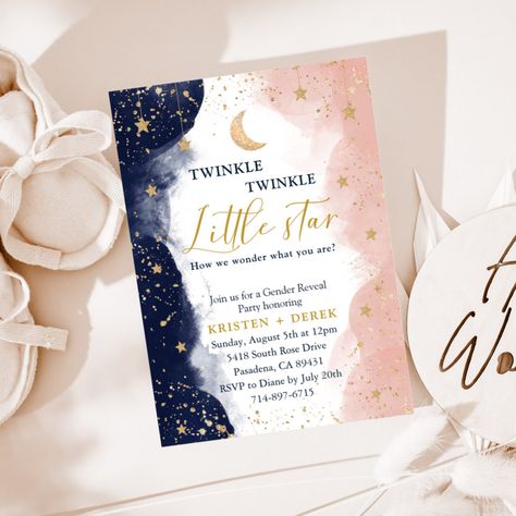 Twinkle Gender Reveal, Twinkle Twinkle Gender Reveal, Disney Gender Reveal, Gender Reveal Boy, Gender Reveal Cards, Blush Pink Baby Shower, Twin Gender Reveal, Pink Invitation, Gender Reveal Themes