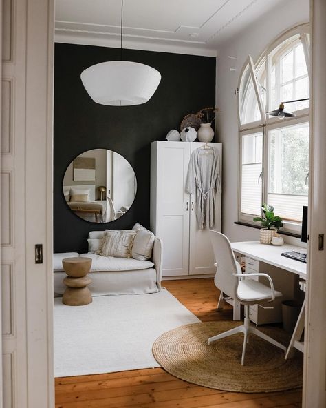 Laura Lisa Schwabe on Instagram: “before and after of our „dressing-home-office-room“ 🤍 i really enjoy looking out of that special window while sitting at our desk 😍…” Black And White Dressing Room Ideas, Gym Office Closet Combo, Office And Wardrobe Room Combo, Home Office Spare Room Combo, Monochrome Dressing Room, Guest Bedroom And Closet Combo, Wardrobe And Office Combo, Study/dressing Room Ideas, Get Ready Room And Office