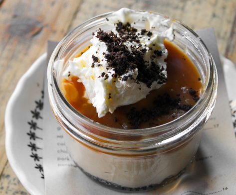 This isn't your average budino. It has a chocolate crust and is topped with vanilla bean caramel. Salted Caramel Budino Recipe, Caramel Budino, Budino Recipe, Restaurant Desserts, Dessert Restaurants, Business Things, Chocolate Crust, Dessert In A Jar, Gluten Free Sweet