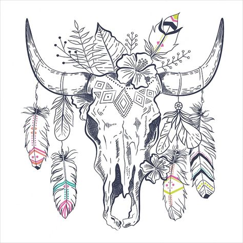 Cow Skull Tattoos, Bull Skull Tattoos, Cowgirl Tattoos, Native Tattoos, Bull Tattoos, Western Tattoos, Hand Drawn Vector Illustrations, Bull Skull, Skull Drawing