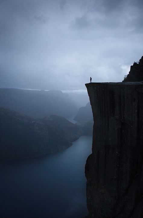 Pulpit Rock, Norway by Stephen Crutchfield Edge Of A Cliff, Fotografi Kota, Dark Paradise, High Fantasy, Dark Photography, 판타지 아트, Nature Aesthetic, Dark Wallpaper, Fantasy Landscape