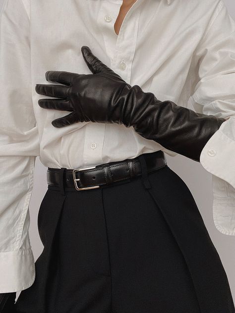 Monochrome Black Gloves Outfit, Glove Outfits, Arket Wool, Leather Gloves Outfit, Yosano Akiko, Gloves Outfit, Saint Laurent Shirt, Fantasy Outfits, Gloves Fashion