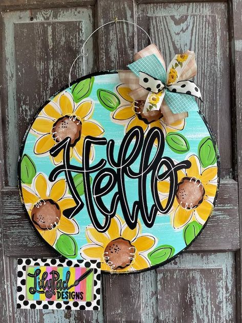 LilyPadDesignsArt - Etsy Activities Coordinator, Sunflower Circle, Circle Door Hanger, Pots Painting, Painted Door Hangers, Porch Boards, Circle Door, Hand Painted Door, Custom Door Hangers