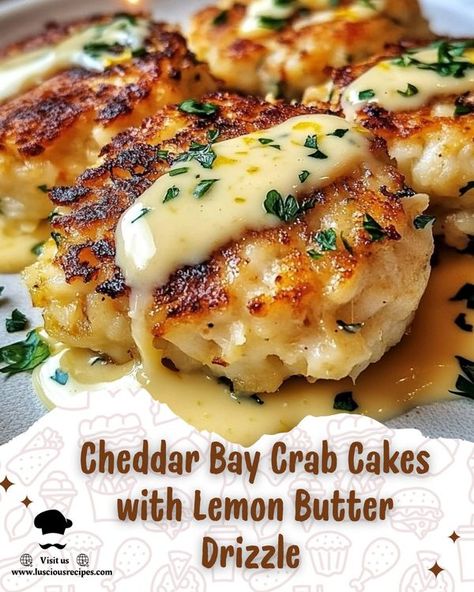 Cheddar Bay Crab Cakes With Lemon Butter, Cheddar Bay Crab Cakes With Lemon Butter Drizzle, Cheddar Bay Crab Cakes, Cakes With Lemon, Americana Food, Cottagecore Recipes, Crab Dishes, Tea Drink Recipes, Lent Recipes