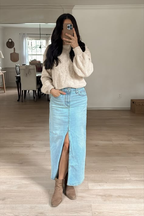 Women's Denim Maxi Skirt - … curated on LTK Denim Maxi Skirt Outfits, Jean Skirt Outfits Long, How To Style Long Jean Skirt, How To Style Long Denim Skirt, Long Jean Skirt Outfits Fall, Long Denim Skirt Outfit Fall, Long Jean Skirt Outfit, Maxi Jean Skirt Outfits, Jean Skirt Outfits Fall