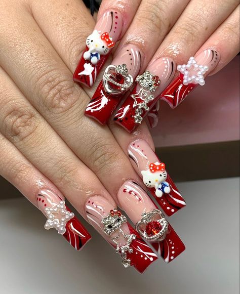 Cute Creative Nail Ideas, Red Charm Nails, Christmas Junk Nails, Nail Ideas With Charms, Red Nail Set, 2000 Nails, Quinceanera Nails, Junk Nails, Not Fair