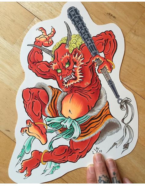 Raijin Tattoo, Oni Japanese, Japanese Demon Tattoo, Traditional Japanese Tattoo Flash, Japanese Tattoo Artist, Oni Tattoo, Japanese Demon, Japanese Oni, Demon Tattoo