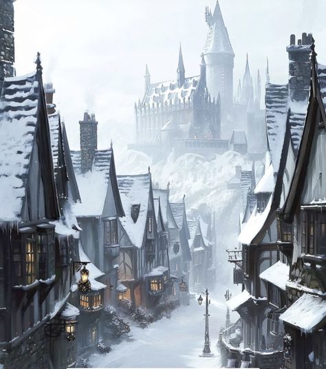 Snowy Town Wallpaper, Fantasy Snow Kingdom Aesthetic, Cozy Fantasy Aesthetic, Pretty Settings, Christmas Building, Princess Tower, Hogsmeade Village, Winter Town, Fantasy Kingdom