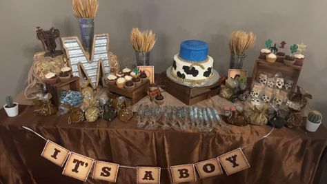 First Rodeo Treat Table, Western Baby Shower Food Ideas, Rodeo Baby Shower Ideas, Baby Shower Western Theme, Cowboy Baby Shower Theme, Rodeo Baby Shower, Cow Baby Shower Theme, Rodeo Baby, 1st Rodeo