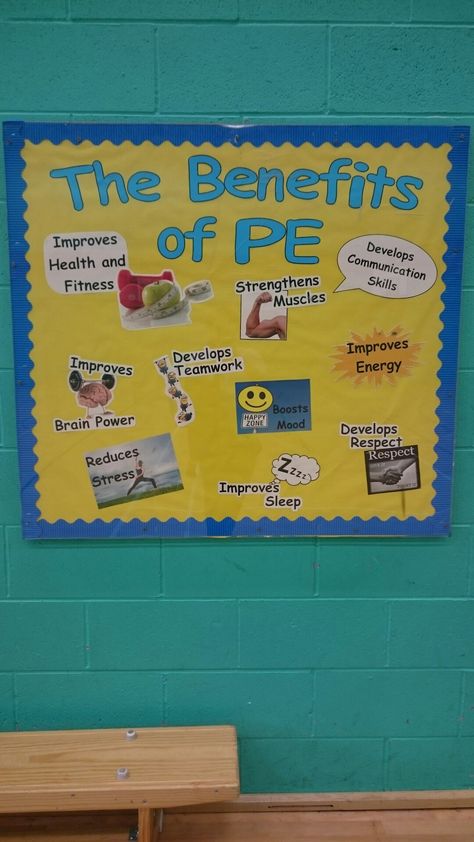 Pe Posters Physical Education, Pe Display Boards, Pe Quotes Physical Education, Gym Bulletin Board Ideas Physical Education, Pe Boards Physical Education, Phys Ed Bulletin Board Ideas, Physical Education Classroom Decor, Physical Education Decorations, Pe Office Decor