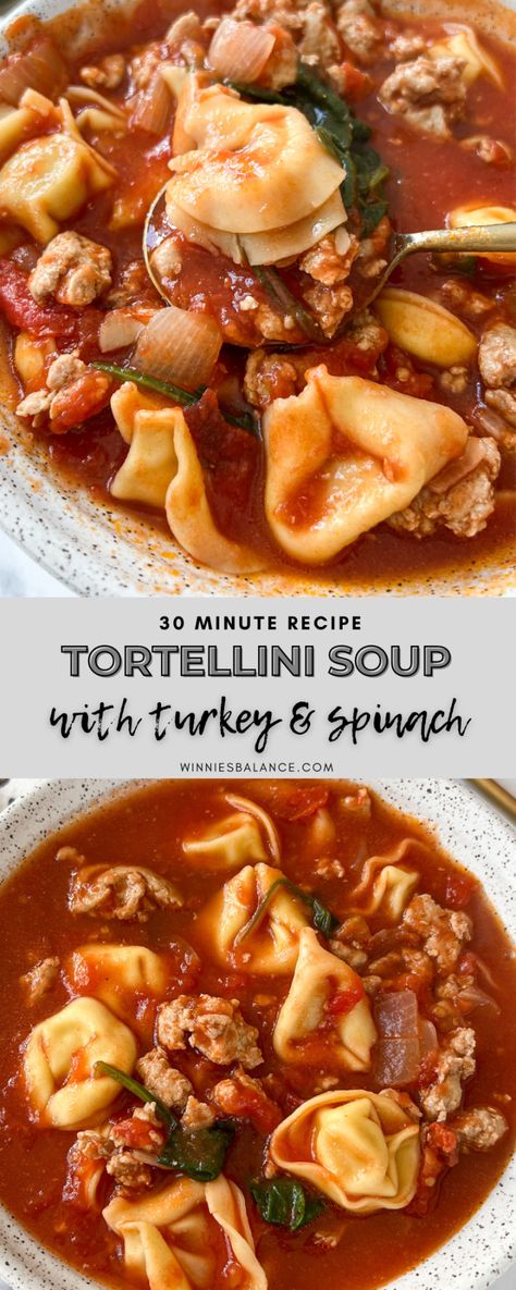 Tortellini Soup With Ground Turkey, Tortellini With Ground Turkey, High Protein Tortellini Soup, Turkey Sausage Tortellini Soup, Ground Turkey Tortellini Soup, Tortellini Turkey Soup, Ground Turkey Tortellini, Cheesy Tortellini Soup, Tomato Soup With Pasta