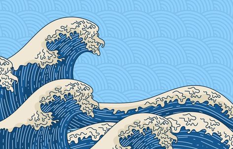 Hand-Drawn Japanese Wave Background Great Wave Off Kanagawa Wallpaper Desktop, Art Appreciation Background, Waves Cartoon, Cole Palmer, Japanese Background, Wave Drawing, 2560x1440 Wallpaper, Wave Background, Japanese Wave